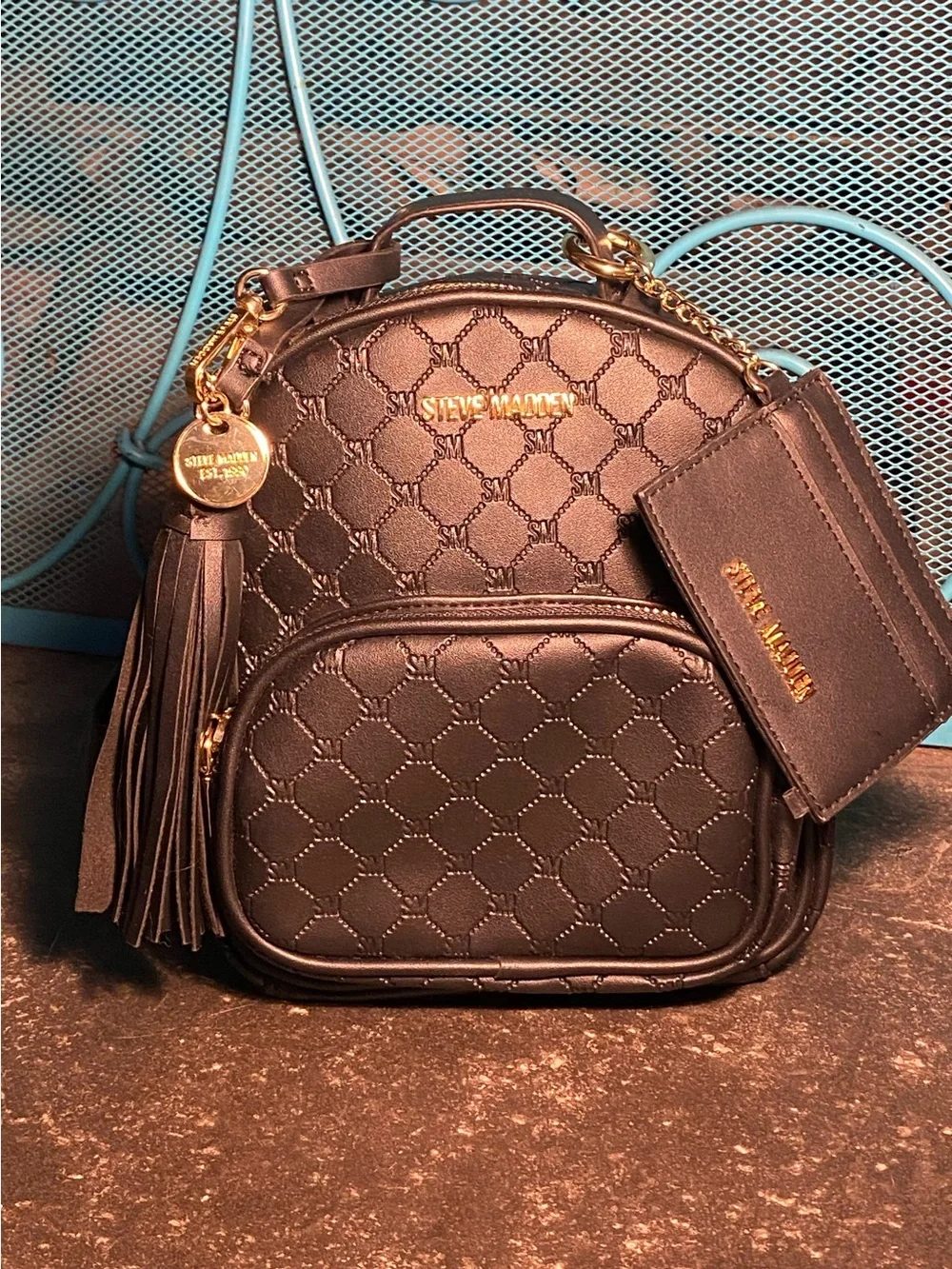 NWOT Steve Madden small backpack,tassel logo keychain,credit card wallet,black